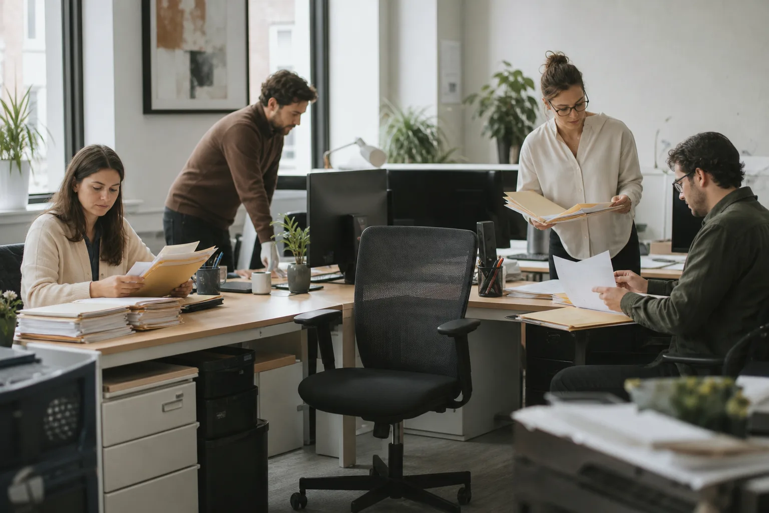 Chaise de bureau vide au centre d’une équipe qui reprend des dossiers