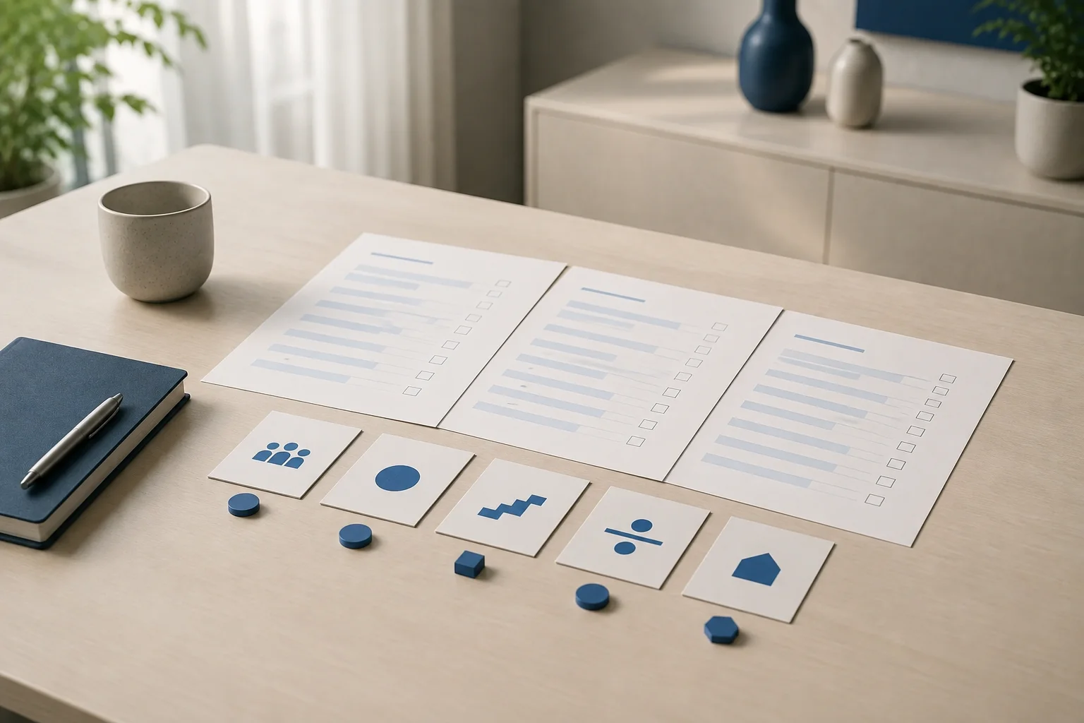 Questionnaires et cartes thématiques bleues disposés sur une table pour préparer une sélection de questions