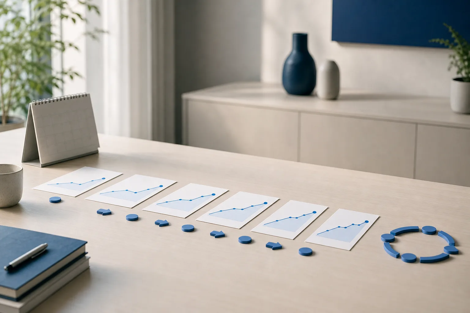 Série de graphiques bleus disposés dans le temps autour d’un calendrier et d’une boucle de suivi