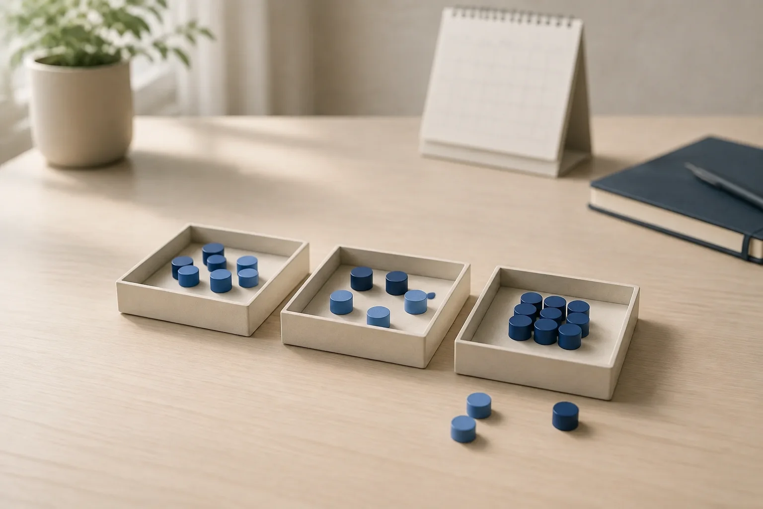 Trois plateaux de jetons bleus près d’un calendrier illustrant la rotation des invitations entre les campagnes